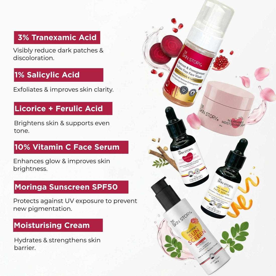 Early Onset Pigmentation 5 steps - Facewash+Corrector Serum+10% Vitamin Serum+Moisturising Cream+Sunscreen SPF50 - The Skin Story - 