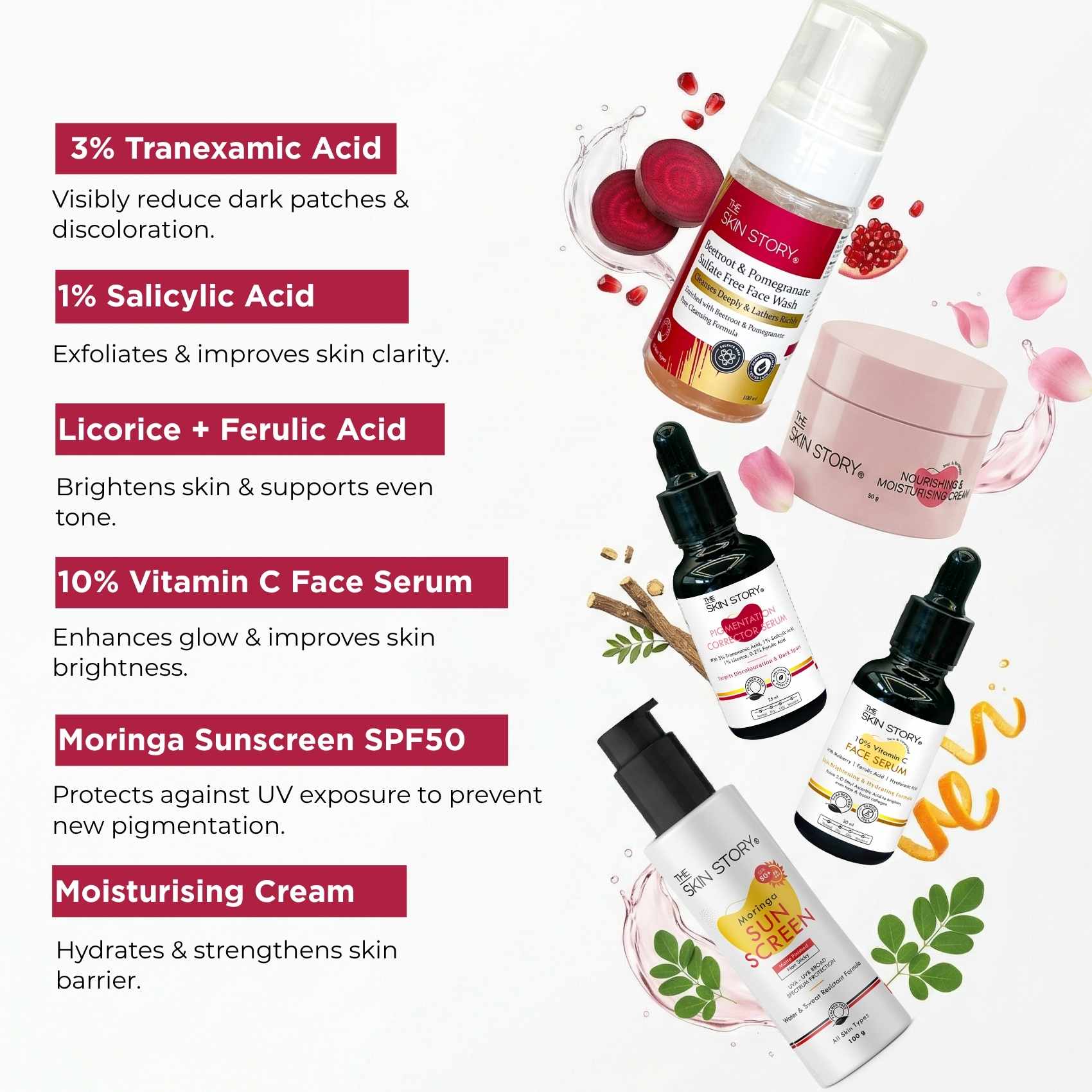 Early Onset Pigmentation 5 steps - Facewash+Corrector Serum+10% Vitamin Serum+Moisturising Cream+Sunscreen SPF50 - The Skin Story - 