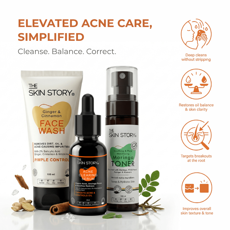 Mild Acne Starter Regime 3 steps Ginger Cinnamom Facewash Toner Acne Clearing Serum Mild Acne 3 - Step Starter Routine with Toner - The Skin Story - 