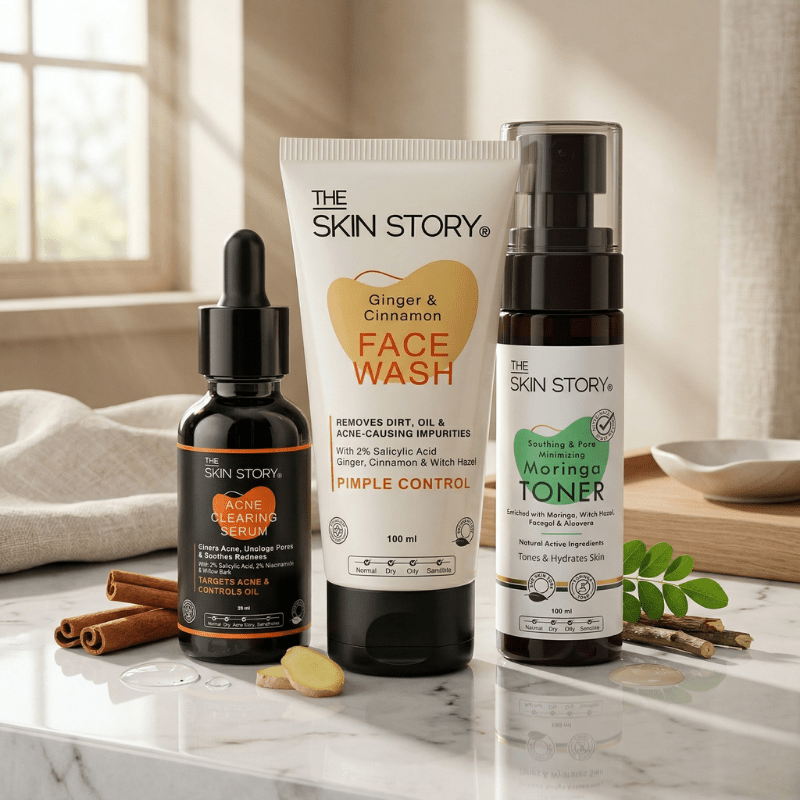 Mild Acne Starter Regime 3 steps Ginger Cinnamom Facewash Toner Acne Clearing Serum Mild Acne 3 - Step Starter Routine with Toner - The Skin Story - 