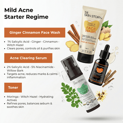 Mild Acne Starter Regime 3 steps Ginger Cinnamom Facewash Toner Acne Clearing Serum Mild Acne 3 - Step Starter Routine with Toner - The Skin Story - 