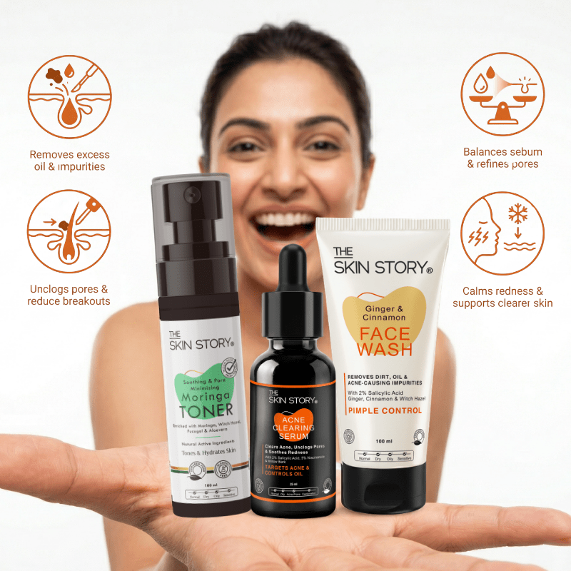 Mild Acne Starter Regime 3 steps Ginger Cinnamom Facewash Toner Acne Clearing Serum Mild Acne 3 - Step Starter Routine with Toner - The Skin Story - 