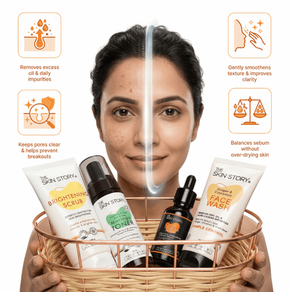 Mild Acne Starter Regime 4 steps Ginger Cinnamom Facewash Toner Brightening Scrub - 1 x week Acne Clearing Serum Mild Acne 4 - Step Starter Routine with Toner &amp; Scrub - The Skin Story - 
