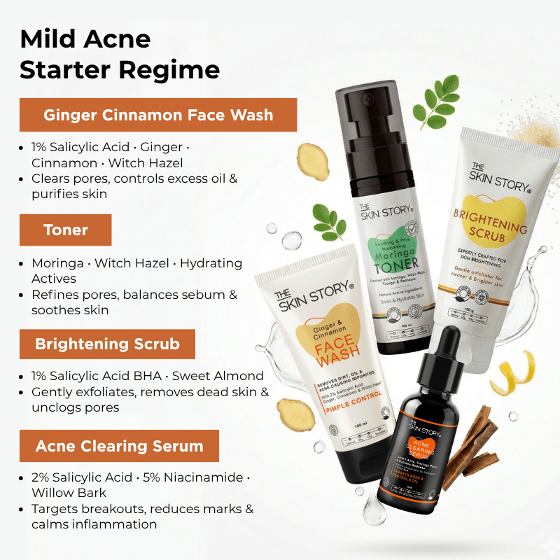 Mild Acne Starter Regime 4 steps Ginger Cinnamom Facewash Toner Brightening Scrub - 1 x week Acne Clearing Serum Mild Acne 4 - Step Starter Routine with Toner &amp; Scrub - The Skin Story - 