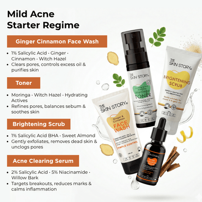 Mild Acne Starter Regime 4 steps Ginger Cinnamom Facewash Toner Brightening Scrub - 1 x week Acne Clearing Serum Mild Acne 4 - Step Starter Routine with Toner &amp; Scrub - The Skin Story - 
