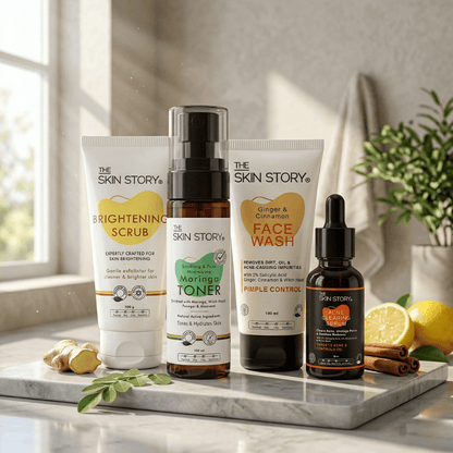 Mild Acne Starter Regime 4 steps Ginger Cinnamom Facewash Toner Brightening Scrub - 1 x week Acne Clearing Serum Mild Acne 4 - Step Starter Routine with Toner &amp; Scrub - The Skin Story - 