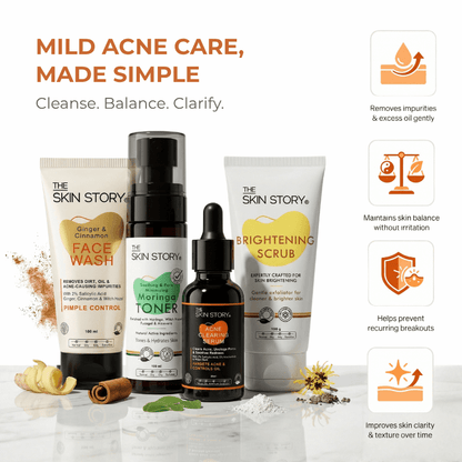 Mild Acne Starter Regime 4 steps Ginger Cinnamom Facewash Toner Brightening Scrub - 1 x week Acne Clearing Serum Mild Acne 4 - Step Starter Routine with Toner &amp; Scrub - The Skin Story - 