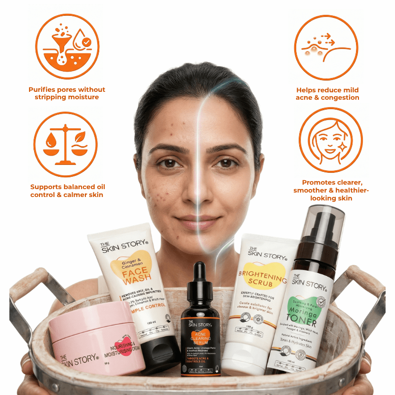 Mild Acne Starter Regime 5 steps Ginger Cinnamom Facewash Toner Brightening Scrub - 1 x week Acne Clearing Serum Nourishing &amp; Moisturising Cream Mild Acne 5 - Step Starter Routine with Toner, Scrub &amp; Moisturiser - The Skin Story - 