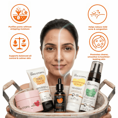 Mild Acne Starter Regime 5 steps Ginger Cinnamom Facewash Toner Brightening Scrub - 1 x week Acne Clearing Serum Nourishing &amp; Moisturising Cream Mild Acne 5 - Step Starter Routine with Toner, Scrub &amp; Moisturiser - The Skin Story - 