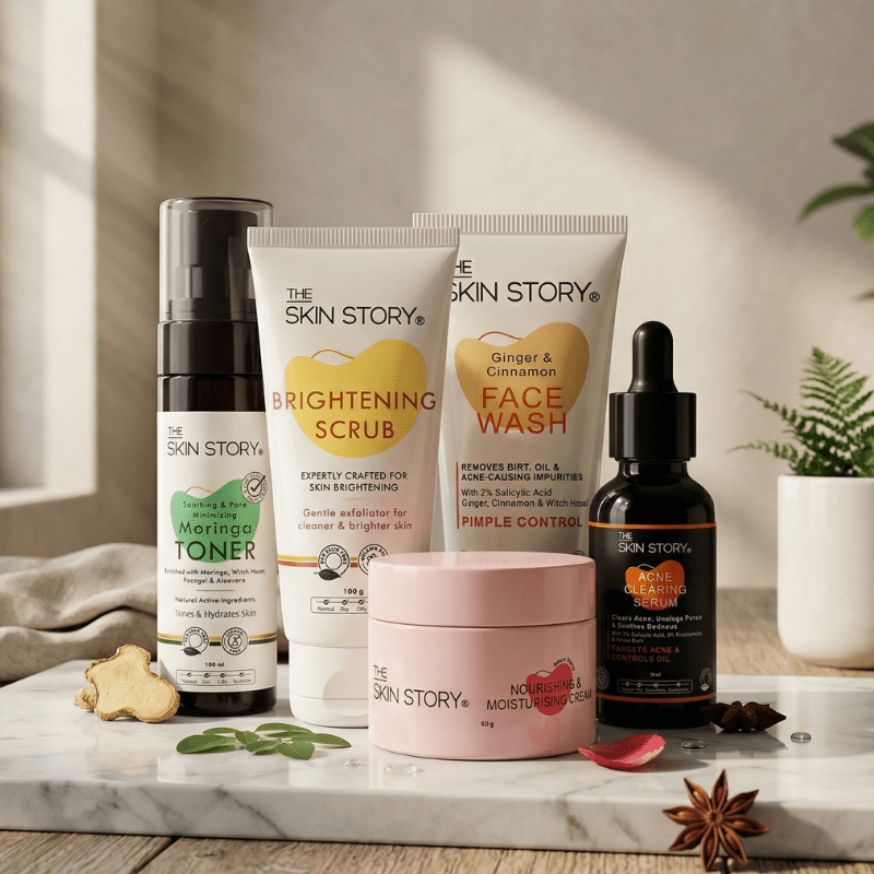 Mild Acne Starter Regime 5 steps Ginger Cinnamom Facewash Toner Brightening Scrub - 1 x week Acne Clearing Serum Nourishing &amp; Moisturising Cream Mild Acne 5 - Step Starter Routine with Toner, Scrub &amp; Moisturiser - The Skin Story - 