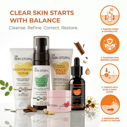 Mild Acne Starter Regime 5 steps Ginger Cinnamom Facewash Toner Brightening Scrub - 1 x week Acne Clearing Serum Nourishing &amp; Moisturising Cream Mild Acne 5 - Step Starter Routine with Toner, Scrub &amp; Moisturiser - The Skin Story - 