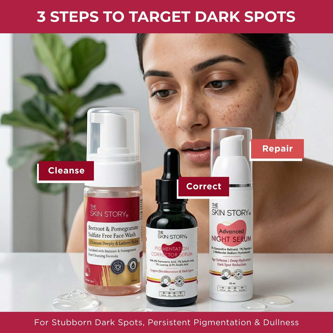 Stuborn Dark Spots 3 Steps - Facewash+Serums - The Skin Story - 