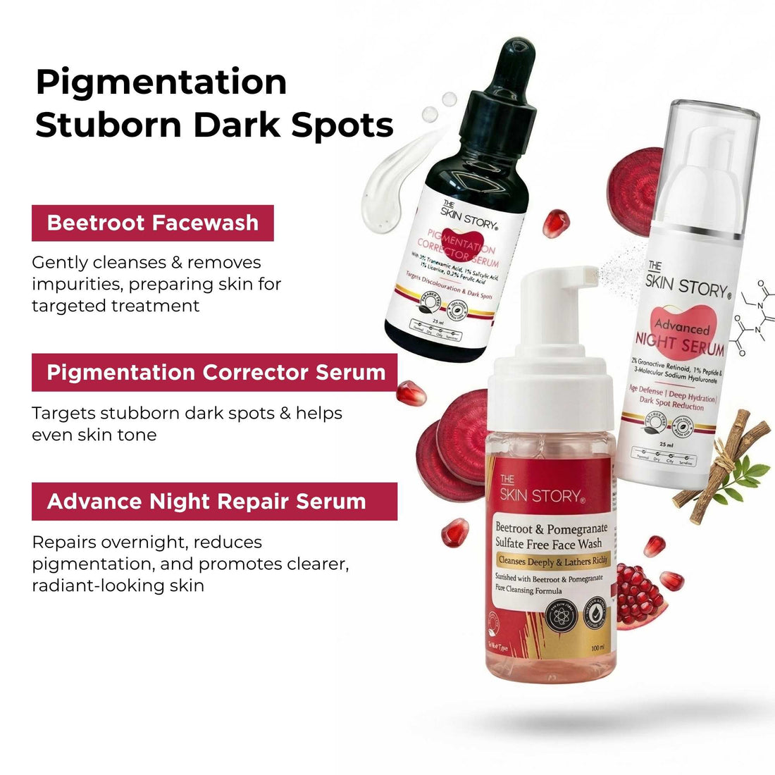 Stuborn Dark Spots 3 Steps - Facewash+Serums - The Skin Story - 