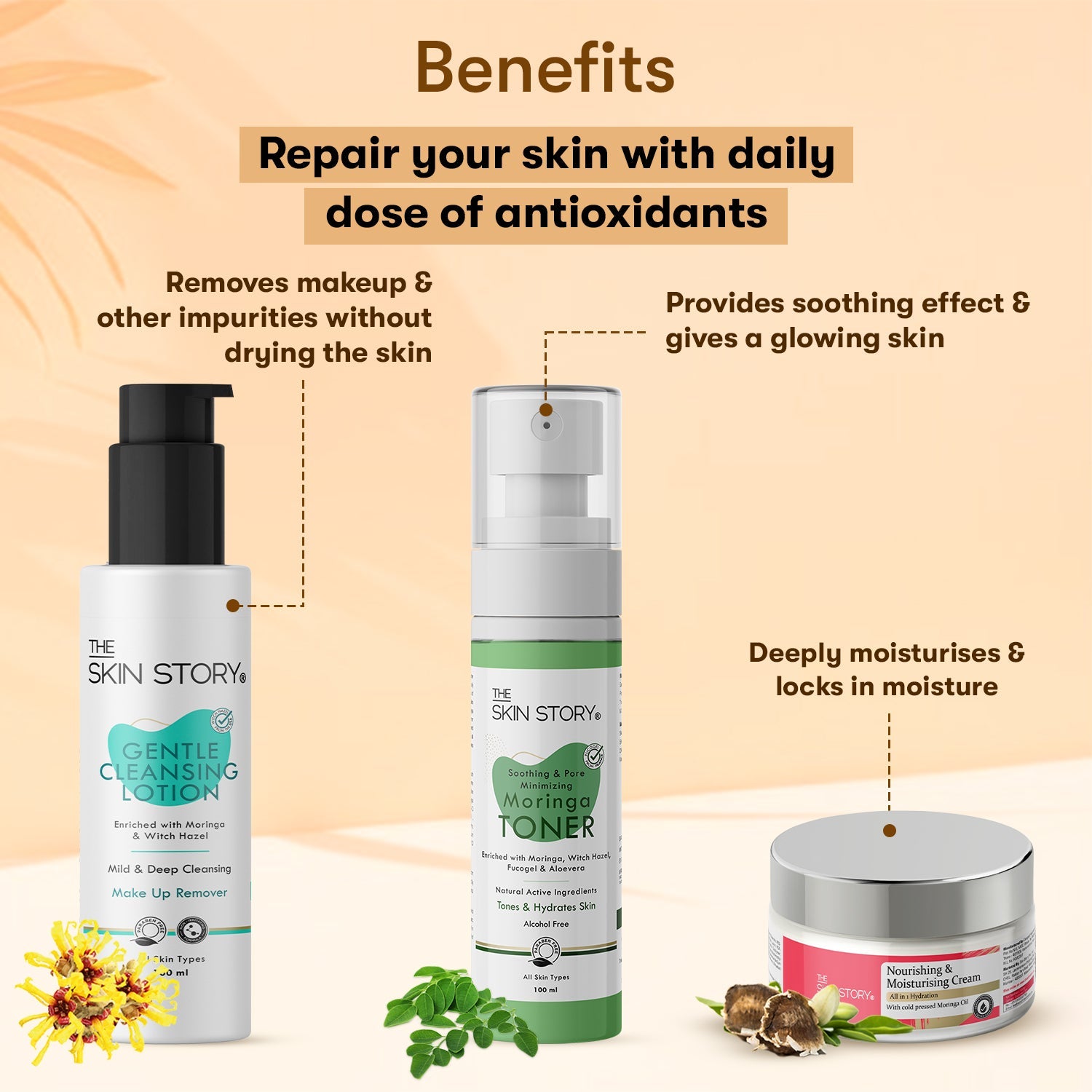 The Skin Story Classic Care Collection (CTM) (The Skin Story Gentle Cleansing Lotion, 100ml The Skin Story Moringa Toner, 100ml The Skin Story Nourishing &amp; Moisturising Cream, 50g) - The Skin Story - Skincare Combo