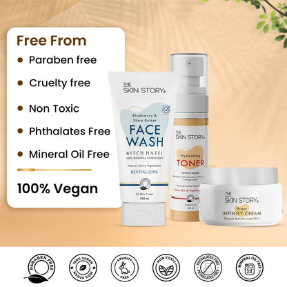 The Skin Story Simple Skincare Trio (CTM) (The Skin Story Blueberry Facewash, 100g The Skin Story Witch Hazel Toner, 100ml The Skin Story Argan Infinity Cream, 50g) - The Skin Story - Skincare Combo