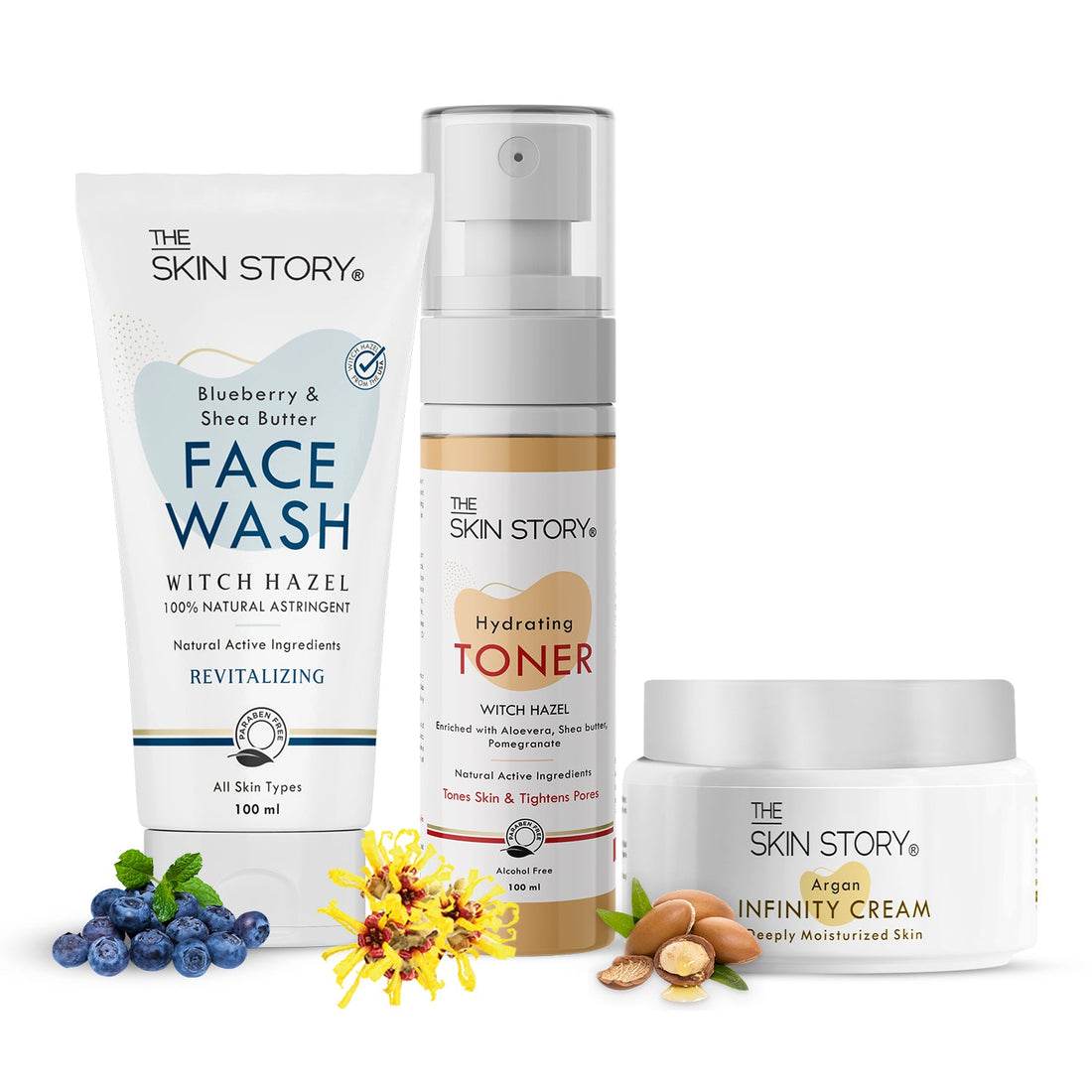 The Skin Story Simple Skincare Trio (CTM) (The Skin Story Blueberry Facewash, 100g The Skin Story Witch Hazel Toner, 100ml The Skin Story Argan Infinity Cream, 50g) - The Skin Story - Skincare Combo