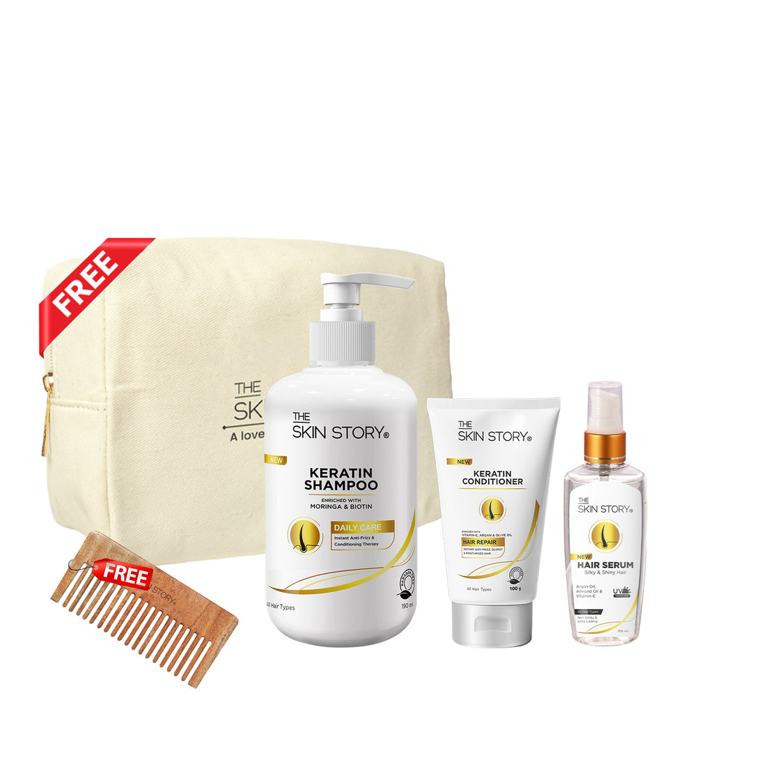 Daily Hair Care Kit | Deep Conditioning &amp; Frizz Free Hair | Enriched with Argan Oil &amp; Vitamin E | Free Pouch &amp; Wooden Comb